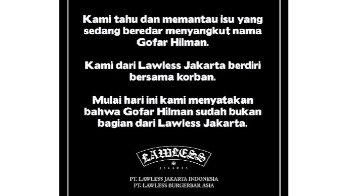 Buntut Dugaan Pelecehan Seksual, Gofar Hilman Didepak dari Lawless