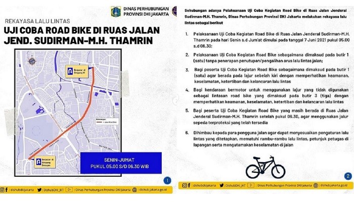 Berikut Peta Rekayasa Lalu Lintas dan Jadwal Uji Coba Road Bike di Jalan Sudirman-MH Thamrin